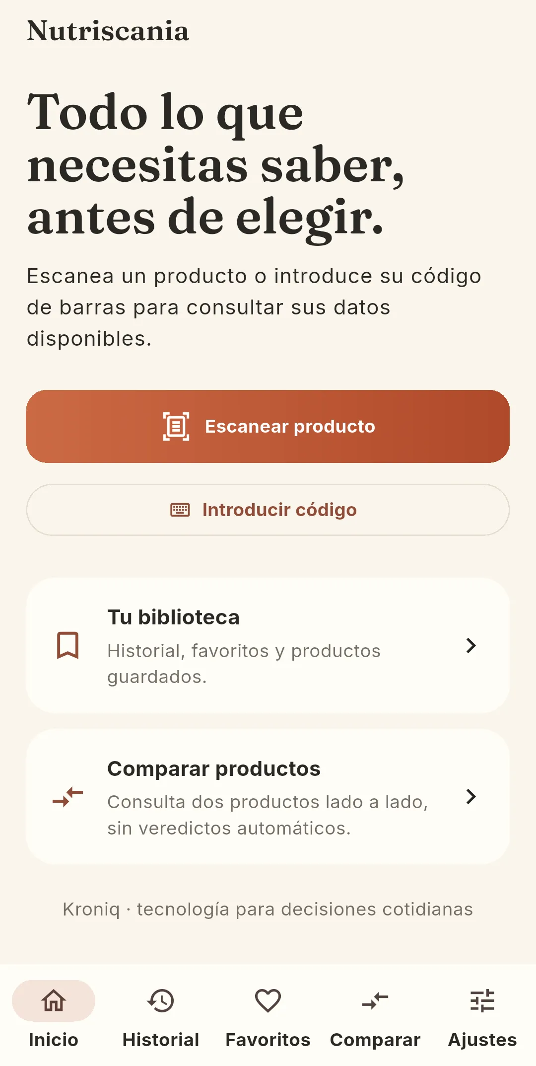 Pantalla de inicio de Nutriscania con las acciones de escanear producto e introducir código
