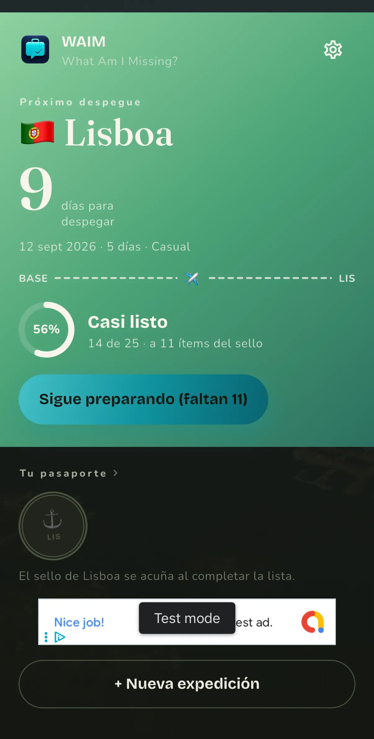 Pantalla de mis viajes en WAIM con el próximo viaje destacado