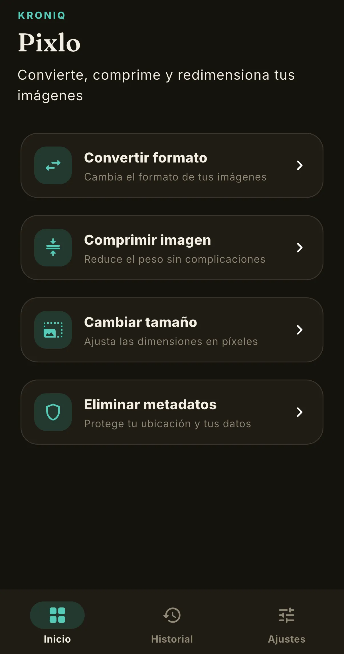 Pantalla de operaciones de Pixlo: convertir, comprimir, redimensionar y eliminar metadatos