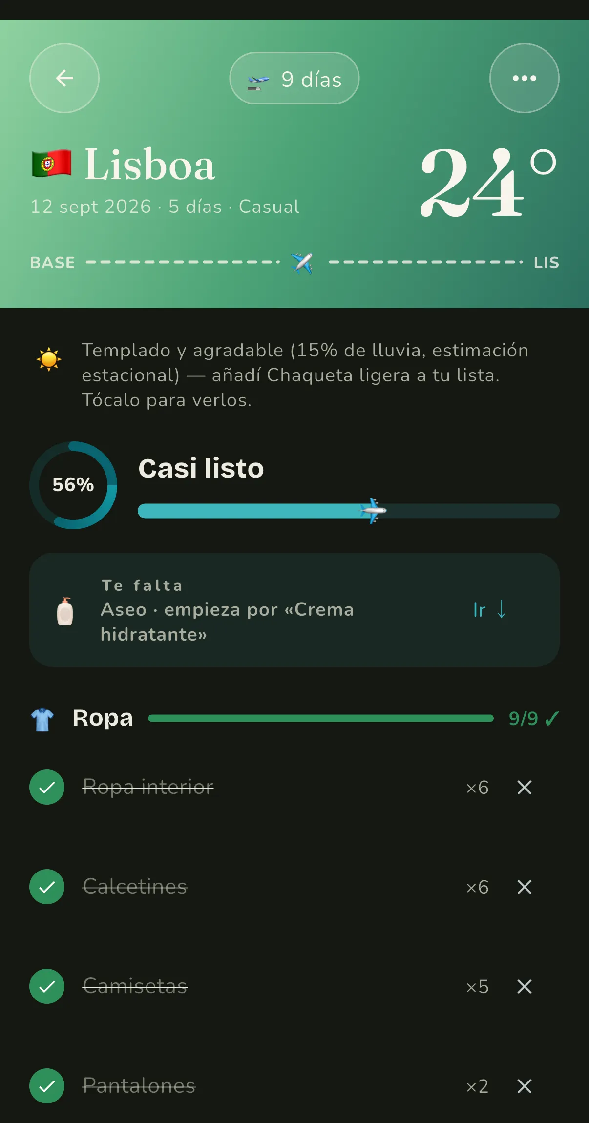 Detalle de un viaje en WAIM con la cuenta atrás, el clima y la lista de equipaje