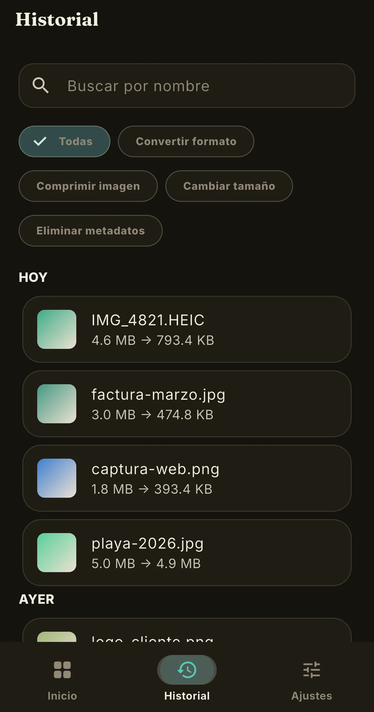Historial de Pixlo con el peso antes y después de cada imagen
