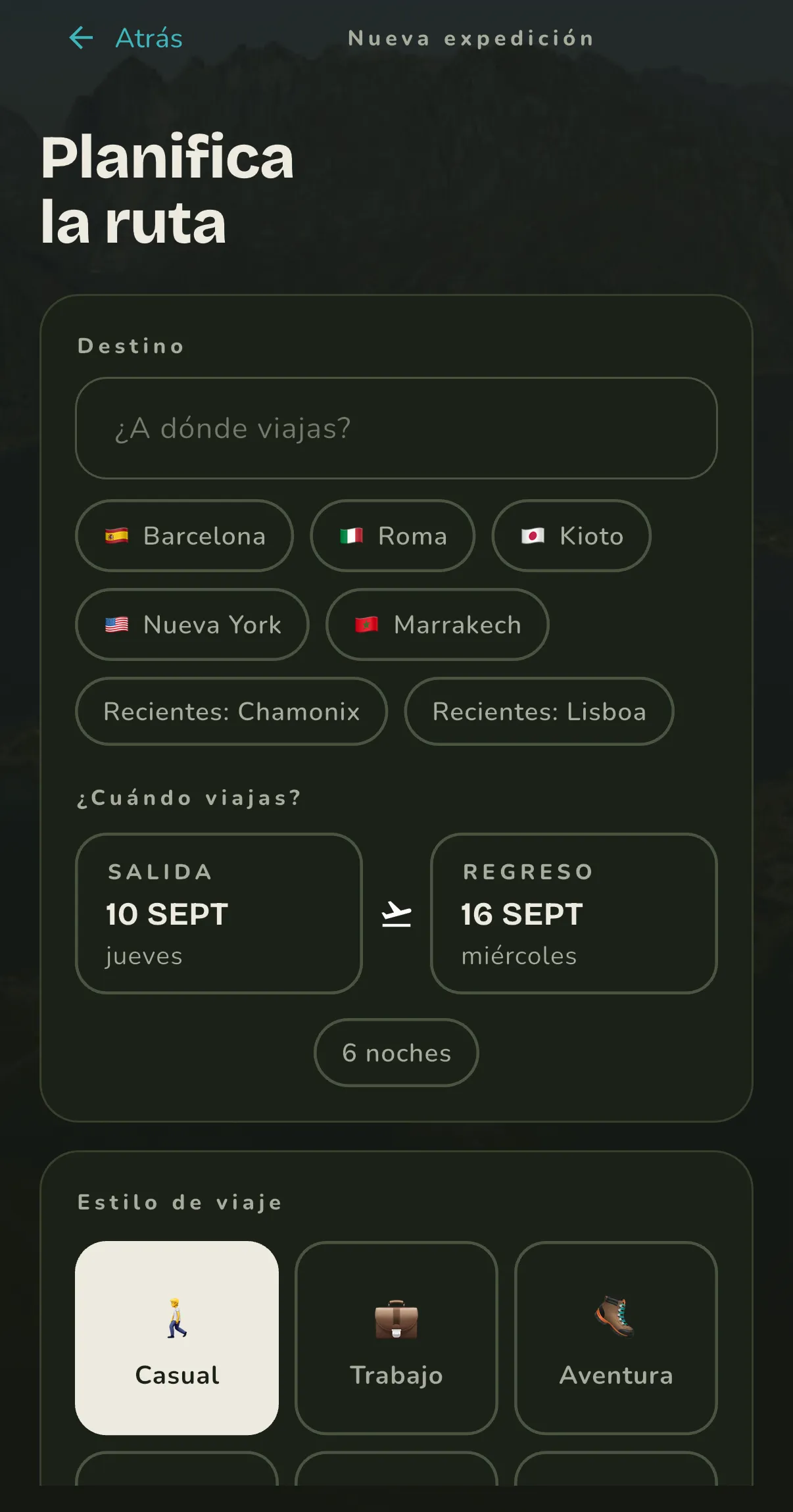 Formulario de nuevo viaje en WAIM