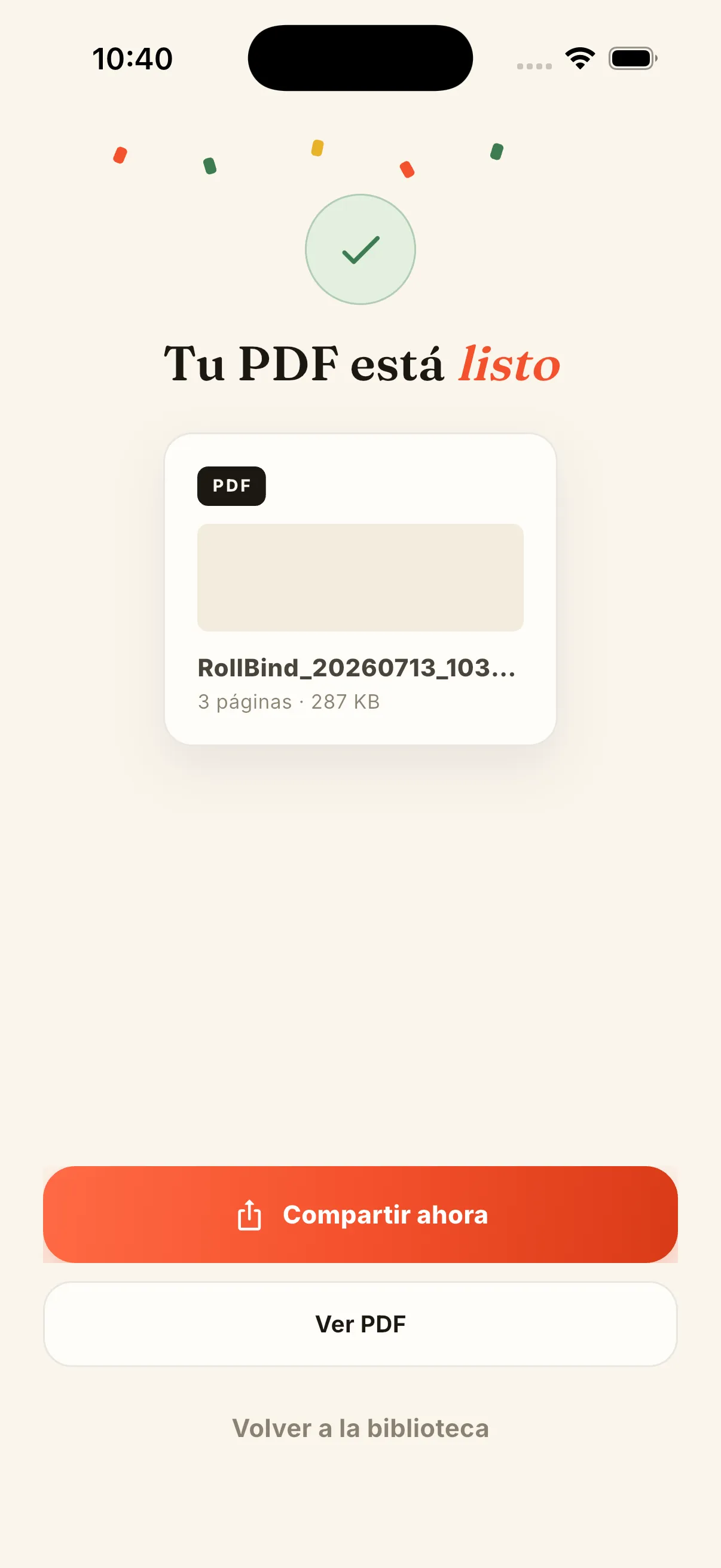Pantalla de PDF listo para compartir en RollBind