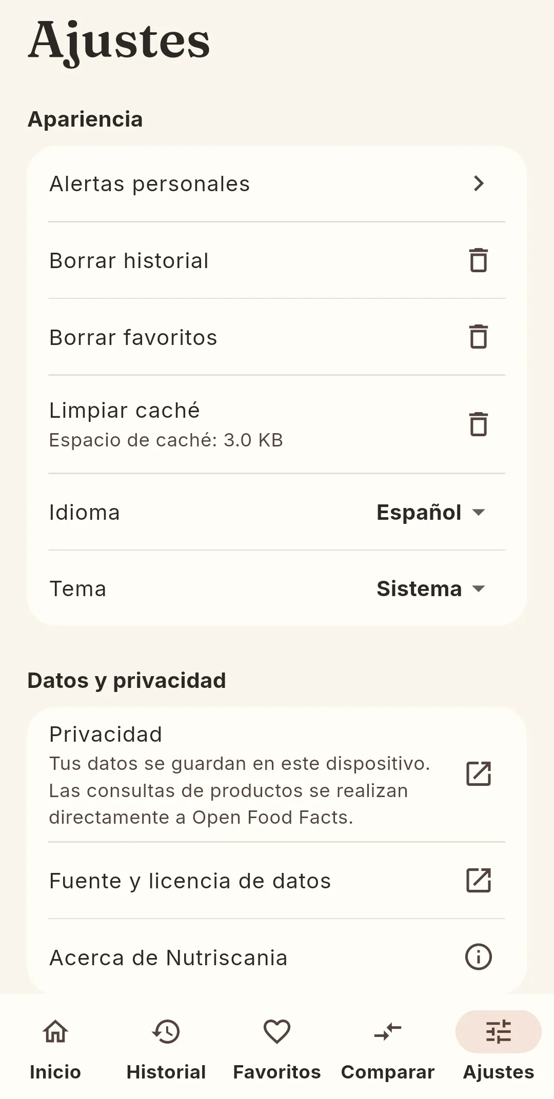 Ajustes de Nutriscania