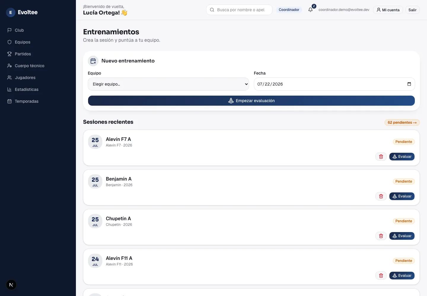 Listado de sesiones de entrenamiento y acceso directo a la evaluación del equipo.