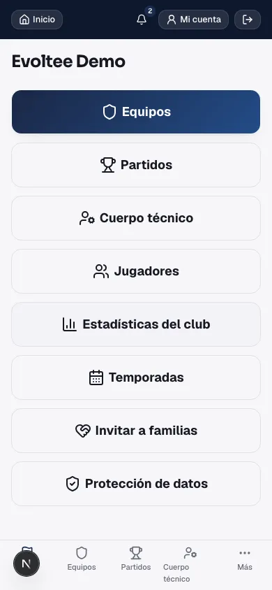 Centro de mando de Evoltee adaptado a móvil.