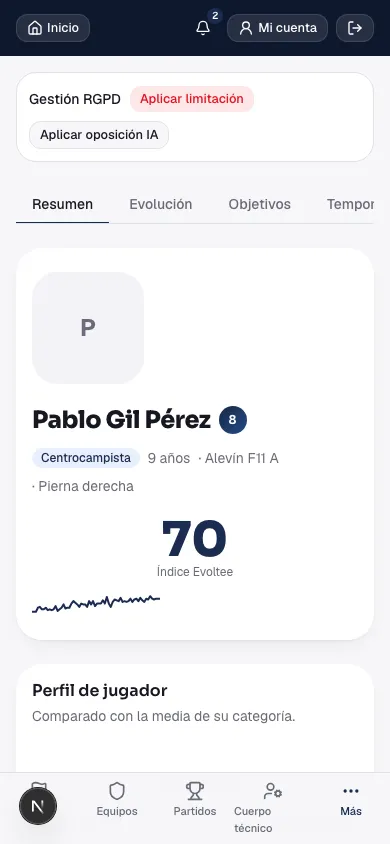 Ficha de rendimiento de un jugador adaptada a móvil.