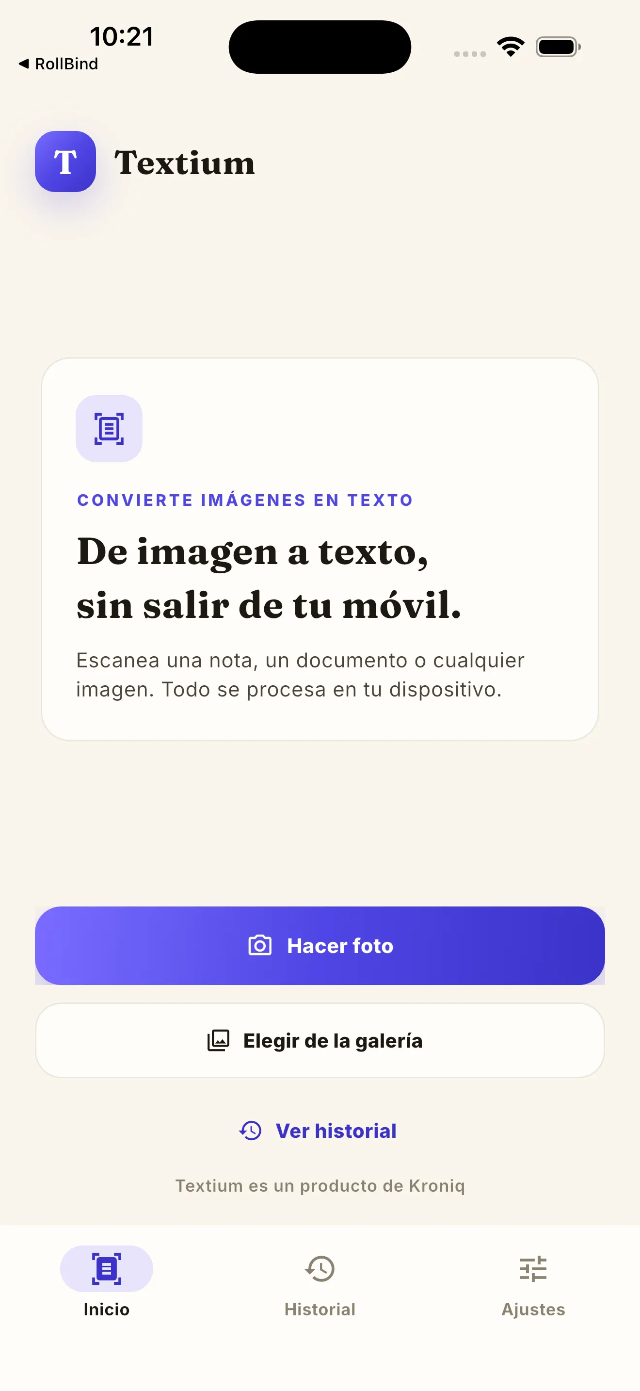 Pantalla de inicio de Textium para convertir imágenes en texto