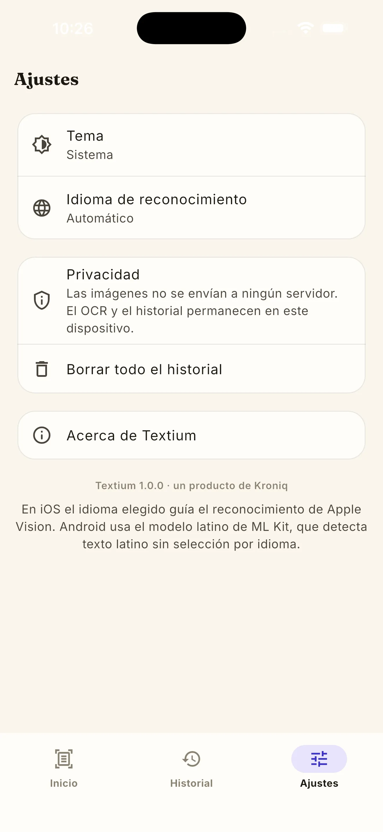 Ajustes de privacidad y reconocimiento de Textium