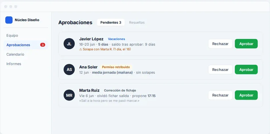 Bandeja de aprobaciones con solicitudes de vacaciones y correcciones