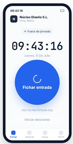 Pantalla de fichaje móvil de Time Tracker: un botón grande para fichar entrada
