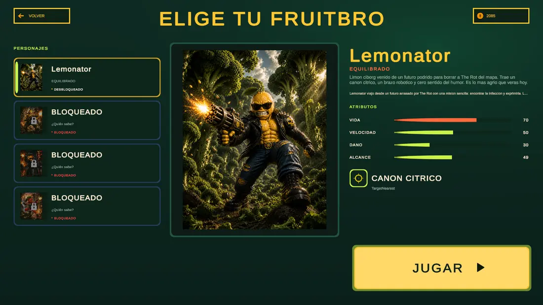 Pantalla de selección de personaje con Lemonator