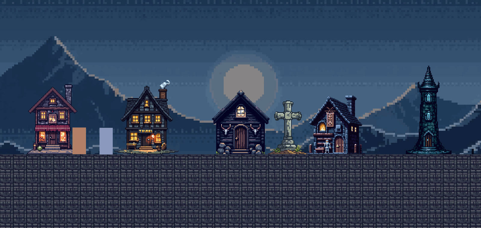 Última Brasa bajo la Penumbra: pueblo en pixel art con crepúsculo perpetuo