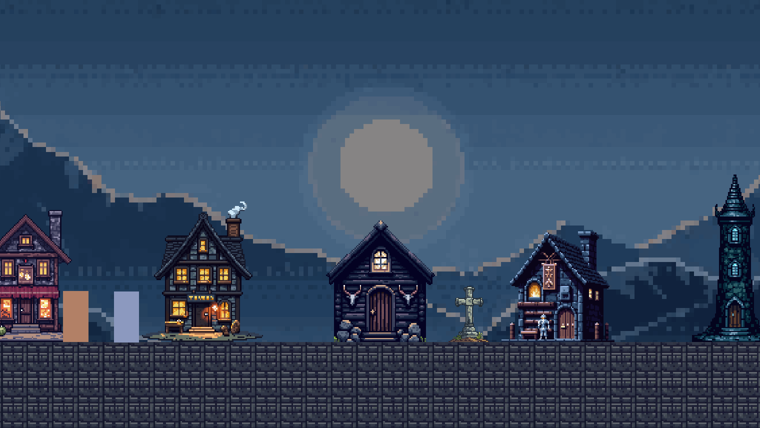 Vista general de una ciudad-hub con fachadas y NPCs