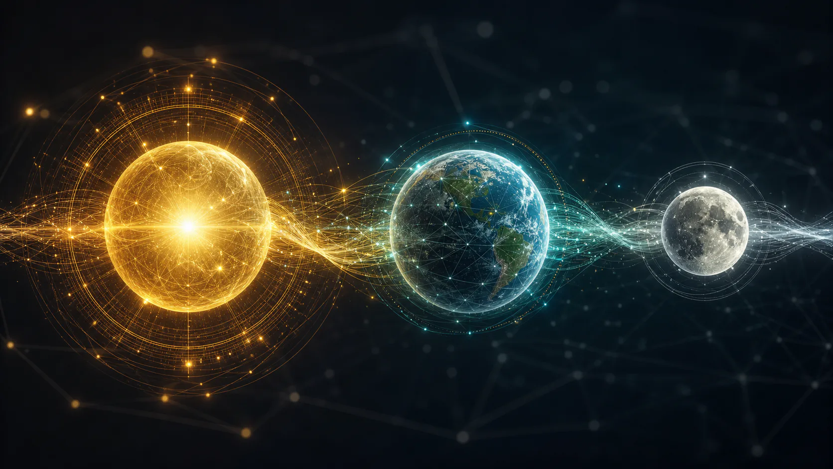 Ilustración editorial de tres núcleos luminosos que representan Sol, Terra y Luna conectados por flujos de datos.