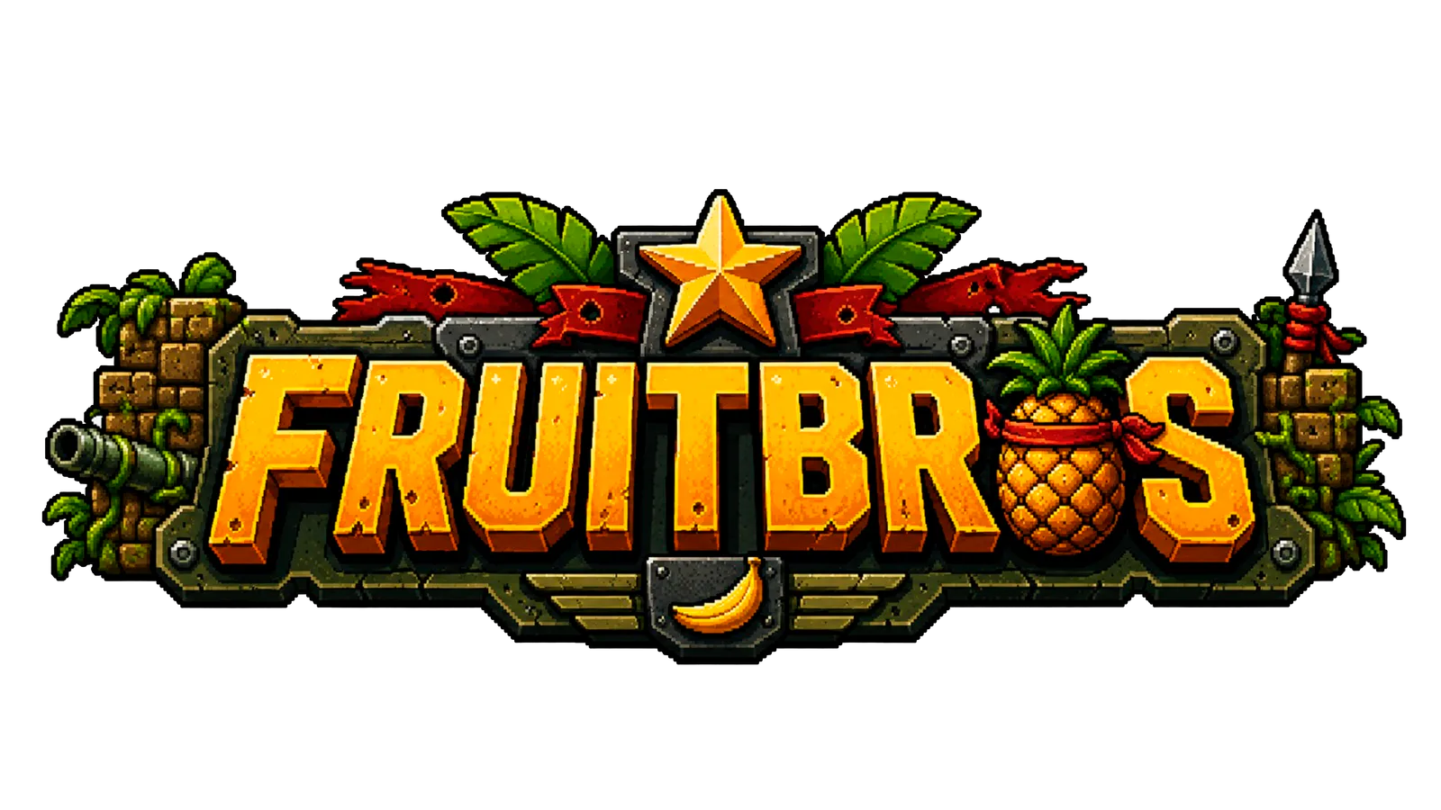 Logo de FruitBros sobre el fondo tropical de Banana Bay